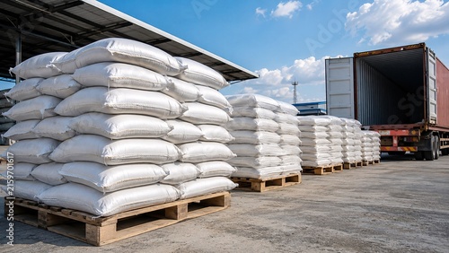Rice Commodity Export Cargo in White Sacks Ready for International Container Shipping