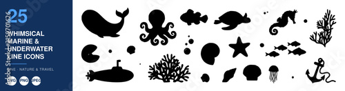 Whimsical Marine Icons Set, Underwater Line Icons, Nature and Travel Design Elements, Svg Illustration, Graphic Design.