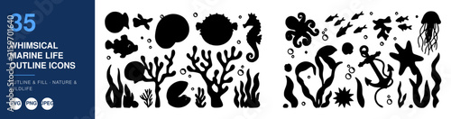 Whimsical Marine Life Outline Icons Set, Featuring Fish, Jellyfish, Seahorse, Coral, and Seaweed