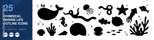Whimsical Marine Life Outline Icons, Set of 25, Featuring Ocean Animals and Plants, Perfect for Design Projects