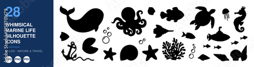 Whimsical Marine Life Silhouette Icons Set, Featuring Fish, Whales, Octopus, Coral, and Starfish