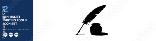 Writing Tools Icon Set, Minimalist Design Featuring a Feather Quill and Inkwell Featuring Stationery, Office