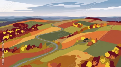 A winding road through a colorful autumn landscape with a house and trees on the side.