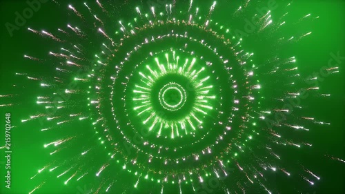 A vibrant green background with a radiant circular explosion of sparkling white and gold fireworks.