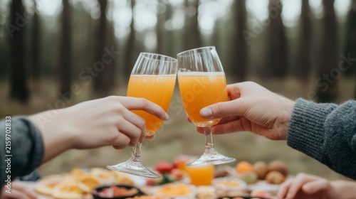Friendship trust memories, Two people toast with glasses of orange juice in a blurred outdoor setting with picnic food in the background.