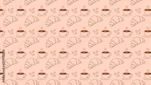 Cute hand drawn coffee and croissant seamless pattern with warm pastel tones. Ideal for cafe branding, bakery packaging, food stationery, scrapbook, digital planner, menu design, fabric, wrapping pape