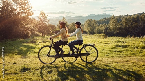 Friendship trust memories, Two people ride a tandem bicycle through a sunlit, grassy meadow with trees and mountains in the background.