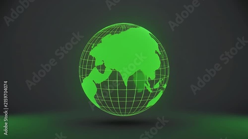 A glowing green wireframe globe showing North and South America against a dark background.