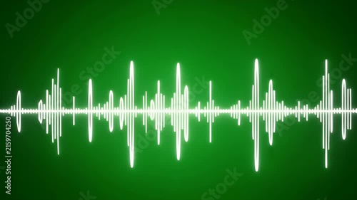 A dynamic sound wave visualization with bright white lines against a vibrant green background.