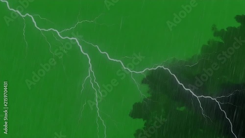 A powerful lightning strike illuminates a stormy green sky.