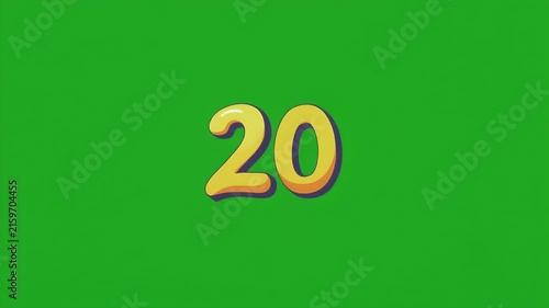Animated yellow number 20 with confetti on a green background.