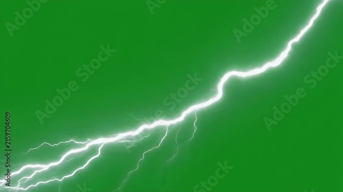 Bright white lightning strikes across a vibrant green background.