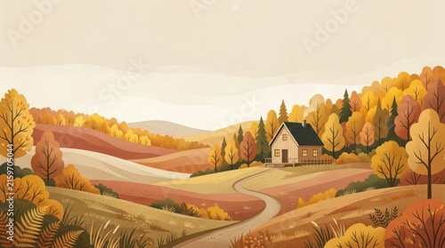 A cozy autumnal landscape with a house nestled among trees and a winding road leading to it.