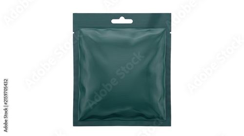 Teal sachet packaging with hang tab for retail display during product launch on isolated transparent background