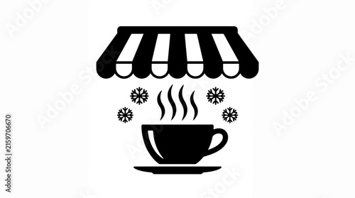Winter coffee shop icon with steaming cup and snowflakes