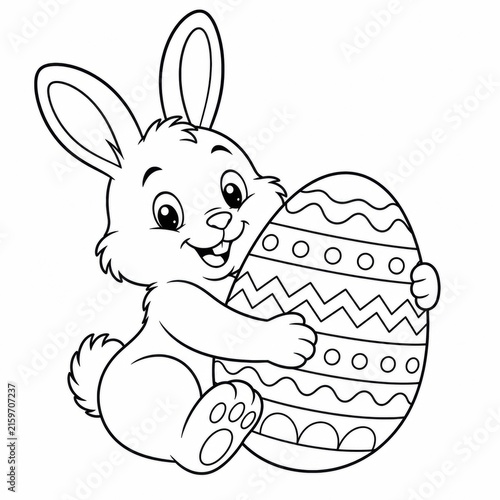 Cute easter bunny holding a decorated egg for a spring holiday card