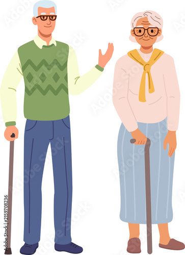 Healthy senior elderly couple with walking cane. Flat design.