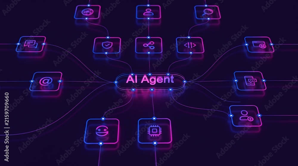 Fototapeta premium AI Agent network with glowing neon lines and connected tech icons