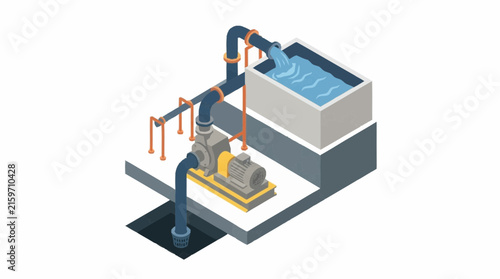 Isometric illustration of a modern bathroom with plumbing system.