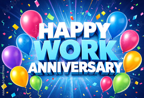 Colorful happy work anniversary celebration with balloons and confetti shining brightly in joyful style