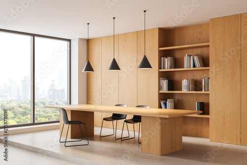 Contemporary wood interior with dining table, built-in shelving, pendant lights, chairs, and panoramic city window. 3D Rendering