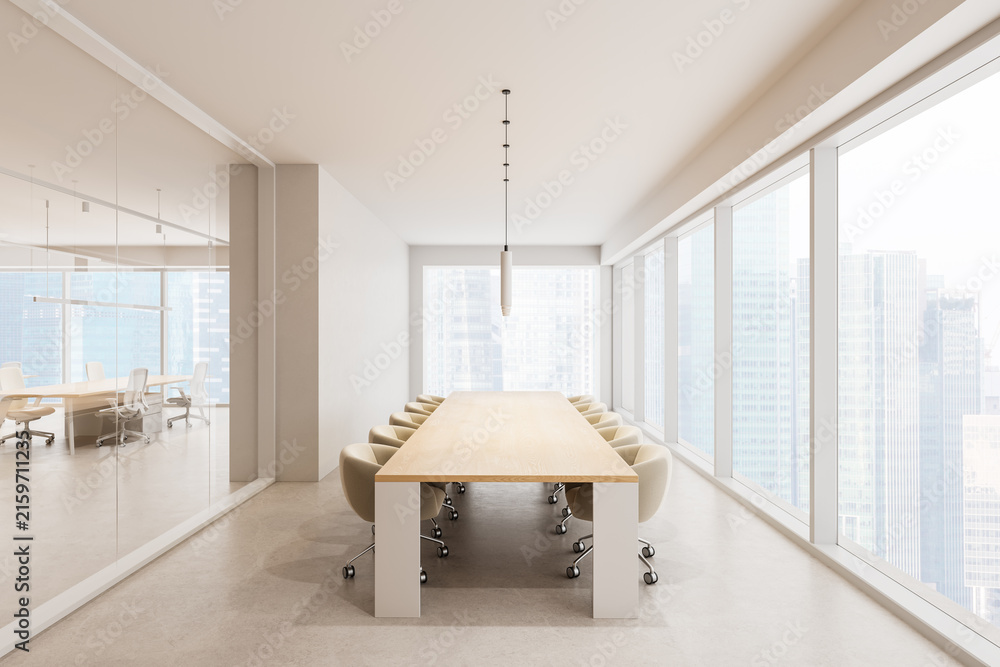 Obraz premium Bright modern office conference room with long wooden table, rolling chairs, glass walls, panoramic windows, and skyline views. 3D Rendering