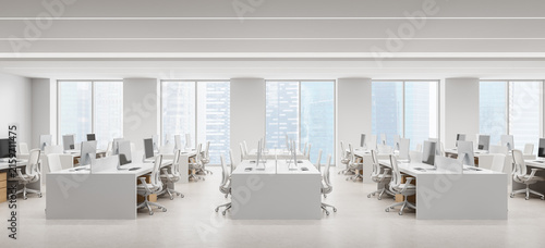Bright modern office interior with organized workstations, computers, ergonomic chairs, panoramic windows, and spacious minimalist workplace design. 3D Rendering