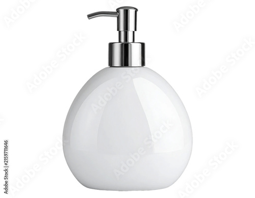 Front view of white Blank plastic and metal hand soap dispenser bottle on a cutout PNG transparent background