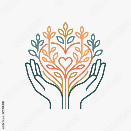 Принти на полотні Minimalist line art illustration featuring human hands cradling a growing plant with branches and leaves forming a heart shape, rendered in earth-tone orange, gold, and green colors