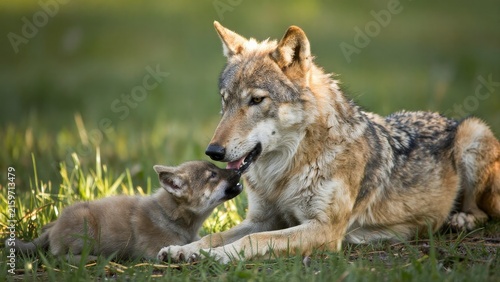 Tender Moment Between Wolf and Cub in Natural Setting