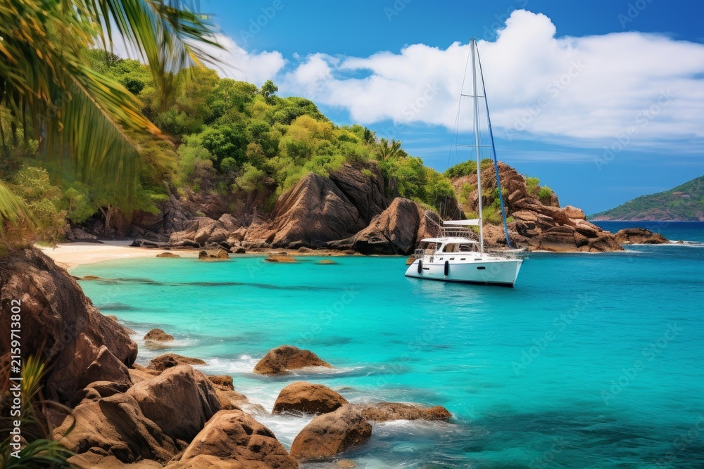 Obraz premium Catamaran sailing in turquoise water nearby a secluded tropical beach and coastline