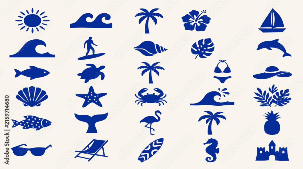 Fototapeta premium Blue tropical beach icon set with palm trees surfboard ocean waves and sea life vector illustration