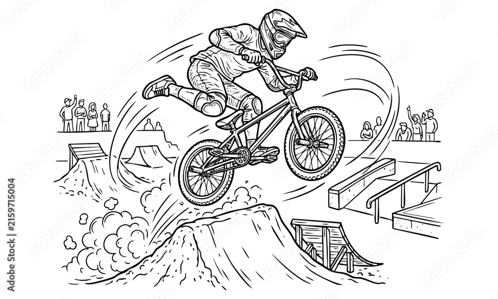 Fototapeta premium Freestyle bmx rider performing aerial trick over dirt jump vector illustration