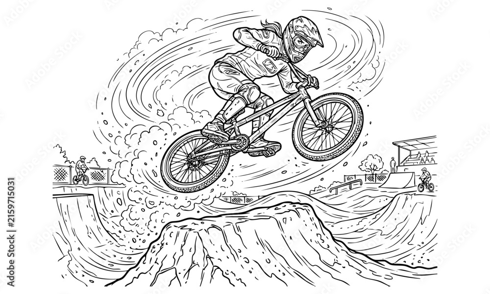 Fototapeta premium Extreme bmx rider jumping over a dirt mound at skatepark vector illustration