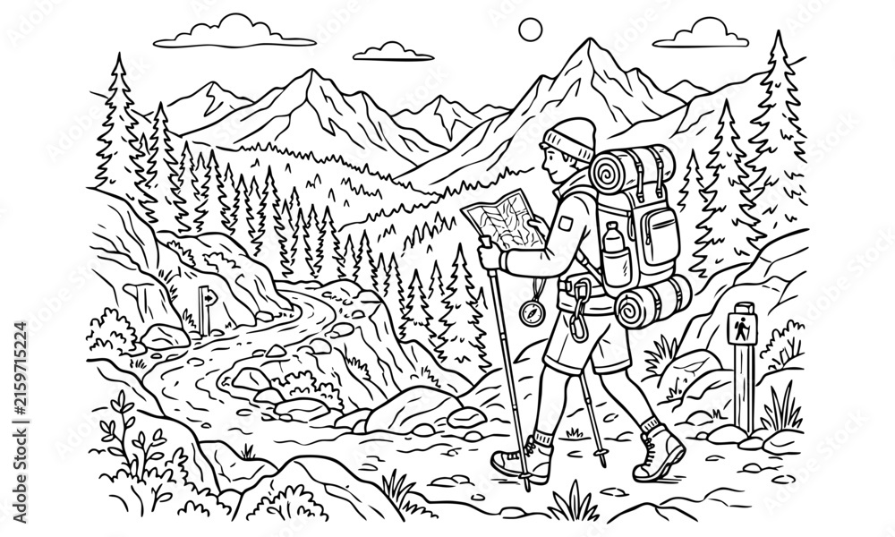 Fototapeta premium Hiker exploring mountain trail landscape vector illustration outline coloring page
