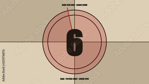 Vintage film leader countdown timer graphic with rotating red needle