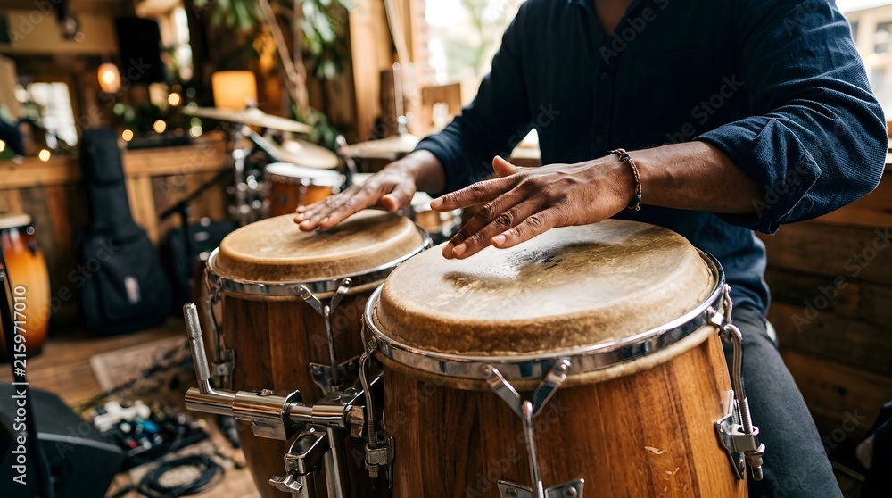 Obraz premium Close-up of a musician playing conga drums with hands in a vibrant indoor setting.