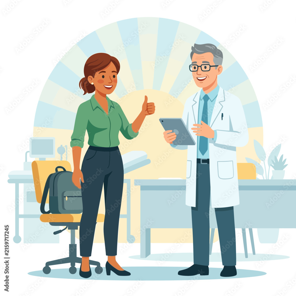 Fototapeta premium Doctor and Patient Smiling with Thumbs Up in Medical Office - Positive Healthcare Interaction