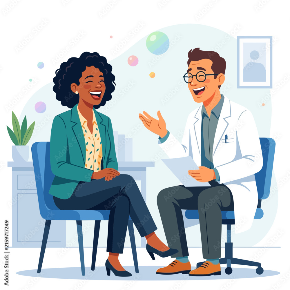 Obraz premium Doctor and Patient Laughing Together in Consultation Room - Health and Wellbeing