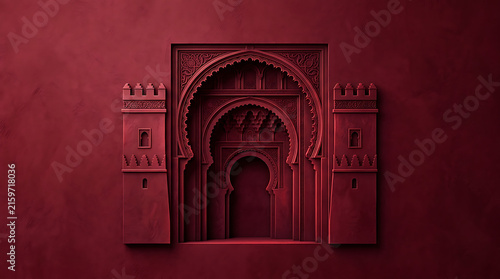 Moroccan Archway: Intricate geometric patterns and architectural details adorn a traditional Moroccan archway, bathed in a rich crimson hue, evoking a sense of exoticism and cultural heritage.