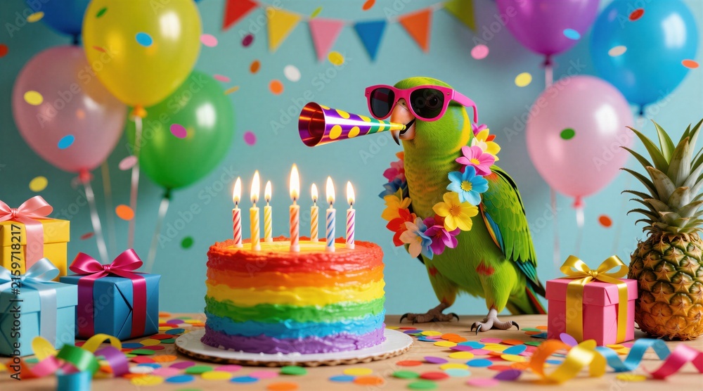Fototapeta premium Green parrot wearing pink sunglasses blows party horn at colorful rainbow cake with candles. Bird with floral lei celebrates birthday surrounded by bright balloons gift boxes, confetti. Funny exotic