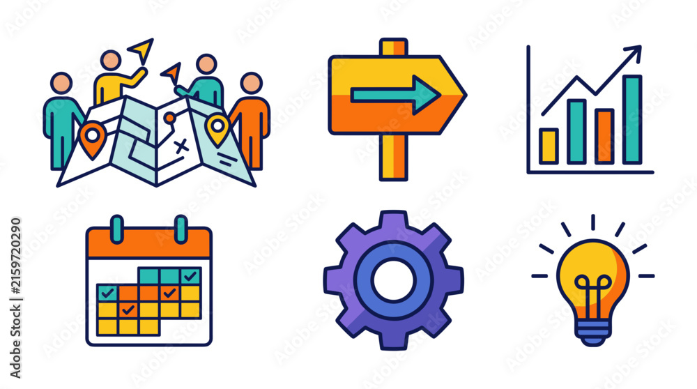 Naklejka premium Flat design icon set for business planning: team, map, calendar, graph, gear, lightbulb. Isolated on white.