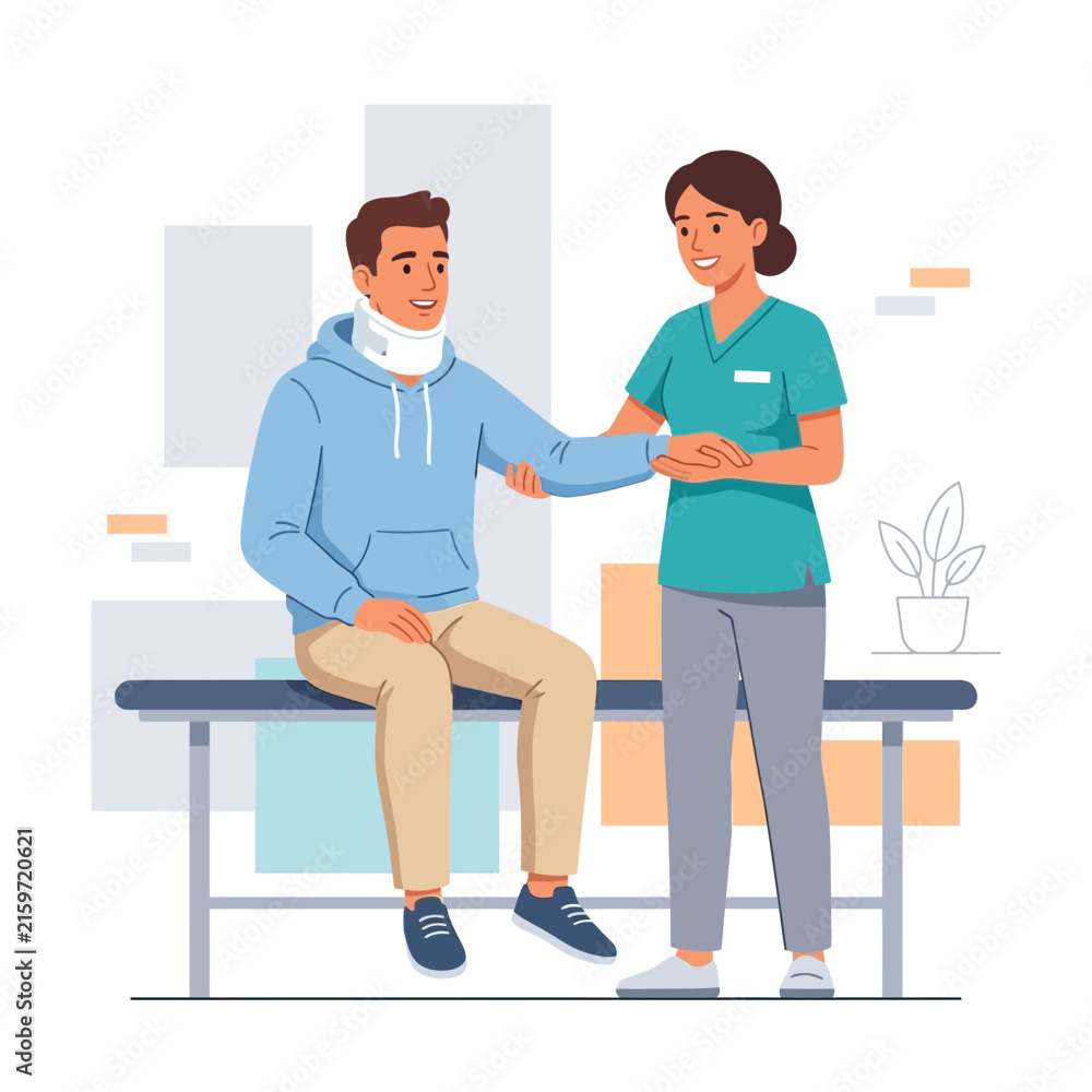 Fototapeta premium Physical Therapist Assists Patient with Neck Brace Recovery, Rehabilitation Exercise in Clinic