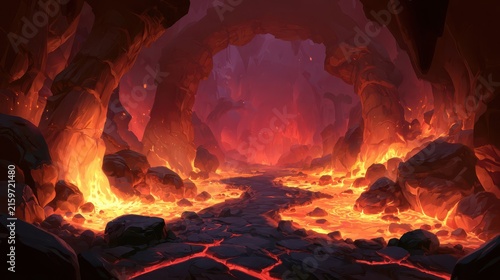 Fantasy lava cave game background featuring a fiery volcanic path, glowing molten rock and dramatic underground environment for adventure gaming.