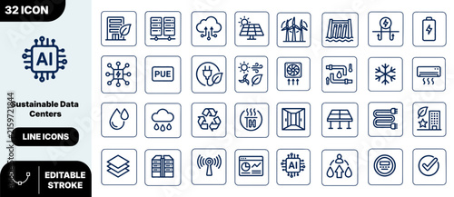 Sustainable data centers line icons set collection of green energy and eco friendly