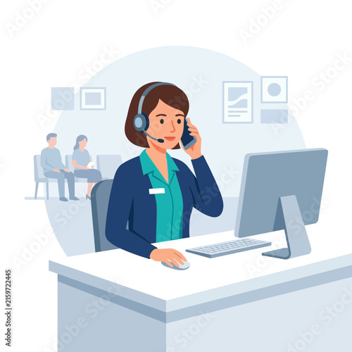 Customer service representative with headset at desk with computer, assisting clients in waiting area