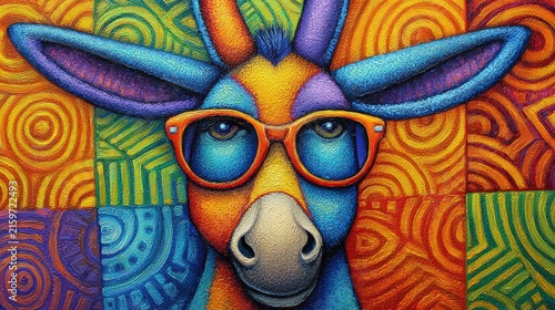 A colorful, stylized illustration of a giraffe wearing orange glasses with a vibrant, patterned background of swirling and geometric shapes.