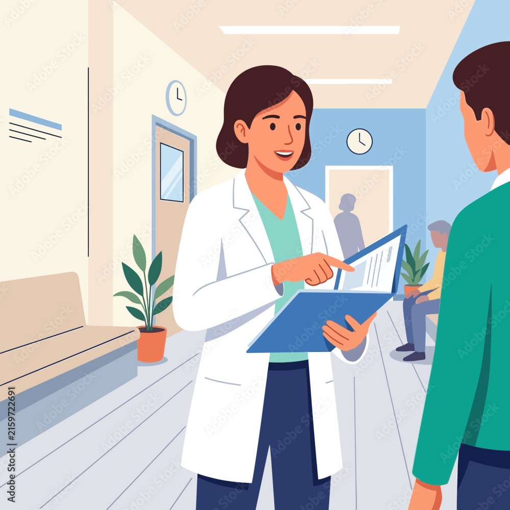 Obraz premium Doctor consulting patient in clinic hallway, discussing medical chart