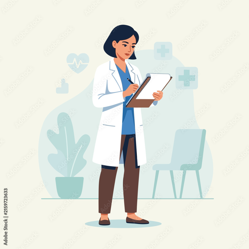 Obraz premium Female Doctor Writing on Clipboard, Medical Professional in Simple Flat Illustration Style