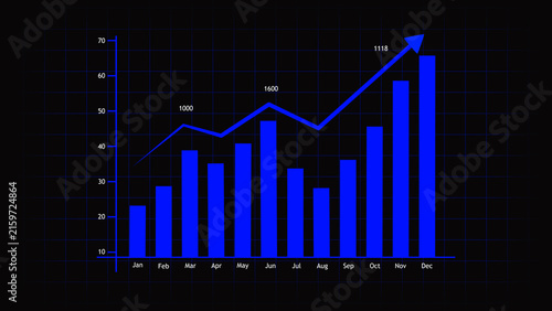 Blue Bar Chart and Line Graph with Monthly Labels Showing Upward Trend data statistics